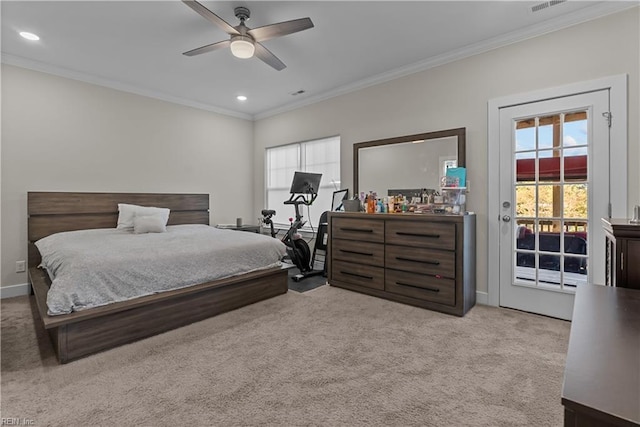 bedroom featuring access to outside, ceiling fan, light carpet, and ornamental molding