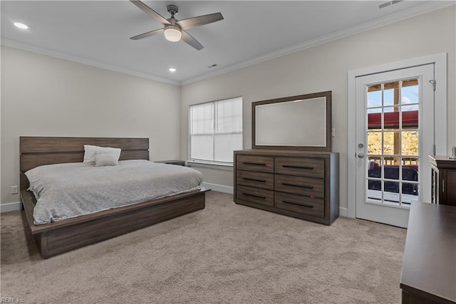 carpeted bedroom featuring ceiling fan, access to exterior, and ornamental molding