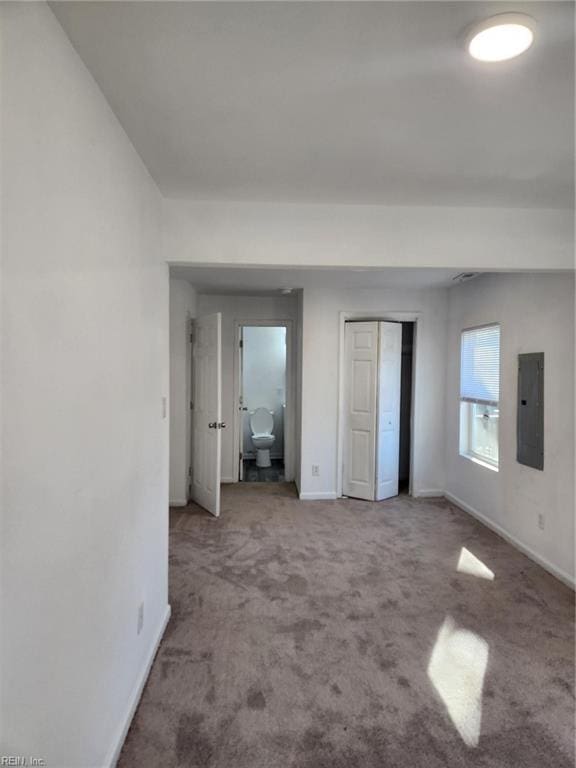 unfurnished bedroom featuring electric panel and carpet floors