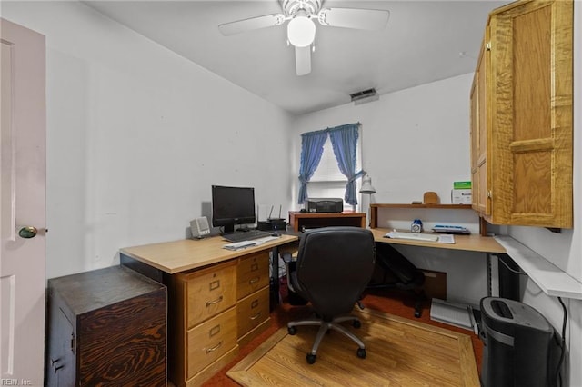 office area featuring light wood-type flooring and ceiling fan