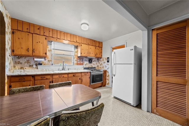 kitchen with sink, white fridge, and stainless steel stove