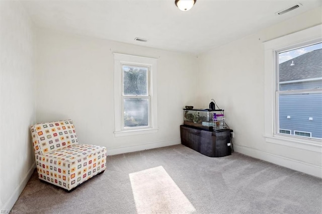 sitting room featuring light carpet and a healthy amount of sunlight