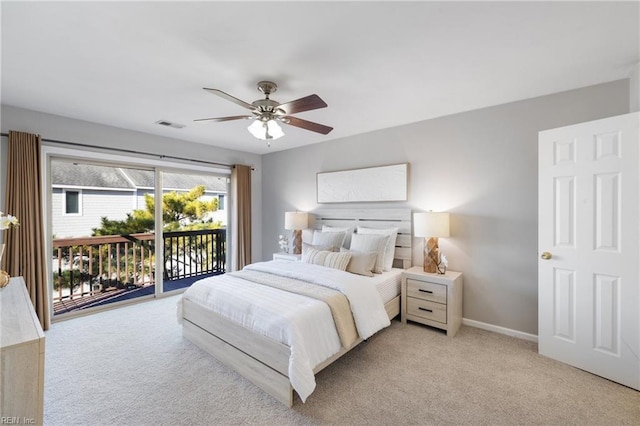 carpeted bedroom with ceiling fan and access to outside