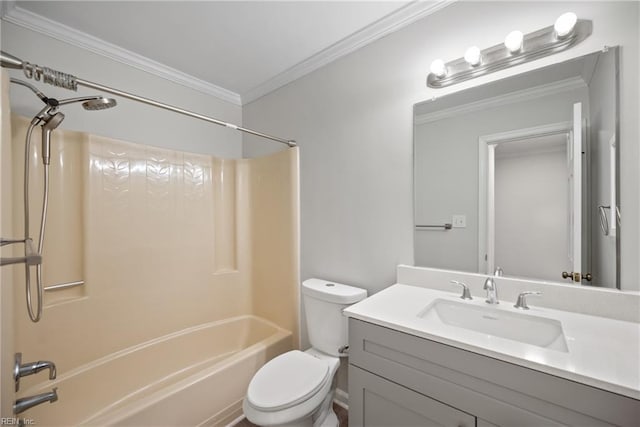 full bathroom featuring shower / bathing tub combination, vanity, toilet, and crown molding