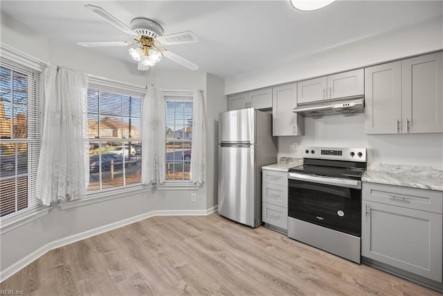 kitchen featuring ceiling fan, gray cabinets, appliances with stainless steel finishes, and light hardwood / wood-style flooring