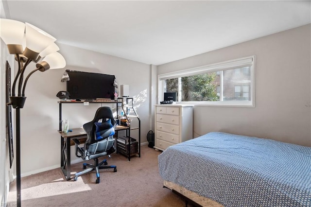 bedroom with light colored carpet