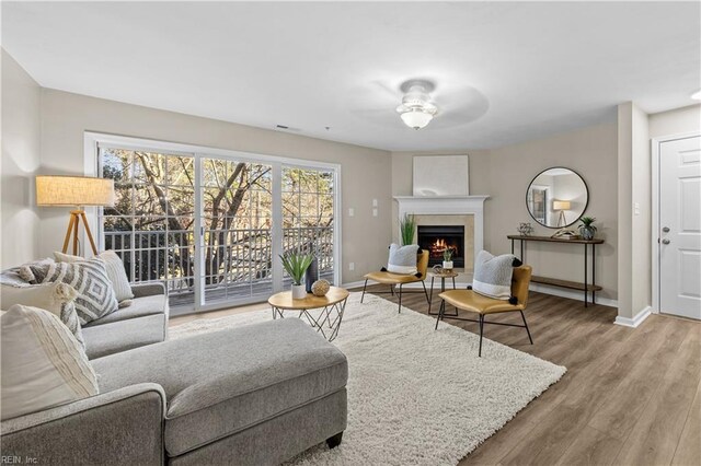 living room featuring ceiling fan and light hardwood / wood-style flooring