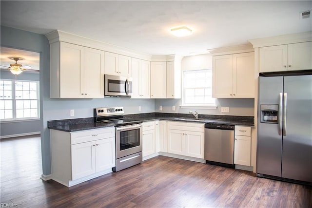 kitchen with white cabinetry, sink, ceiling fan, stainless steel appliances, and dark hardwood / wood-style floors