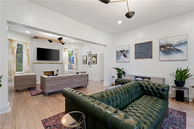 living room with ceiling fan and light hardwood / wood-style flooring