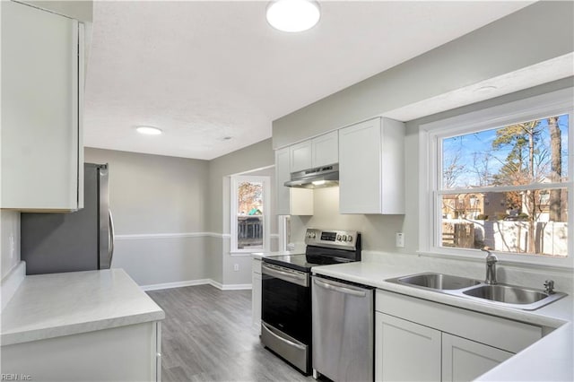 kitchen featuring hardwood / wood-style floors, stainless steel appliances, white cabinetry, and sink