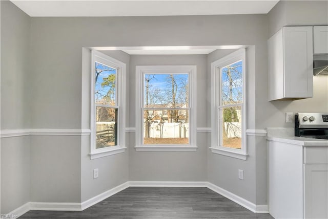 unfurnished dining area featuring dark wood-type flooring