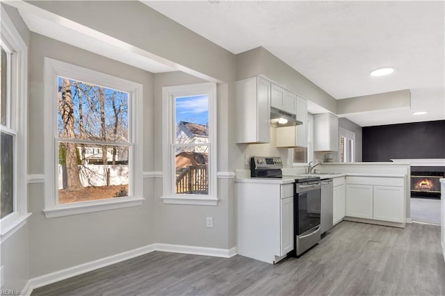 kitchen with white cabinets, light hardwood / wood-style floors, sink, and appliances with stainless steel finishes