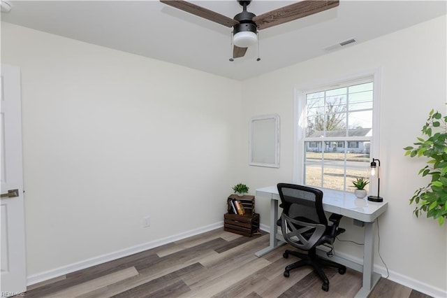 office space featuring ceiling fan and hardwood / wood-style flooring