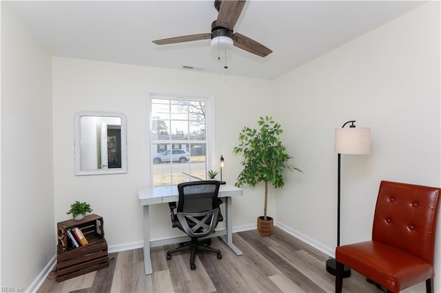 office area featuring ceiling fan and light wood-type flooring