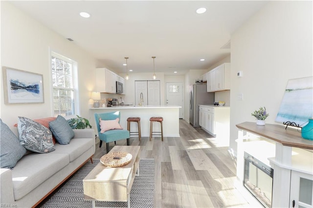 living room with sink and light hardwood / wood-style floors