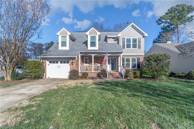 cape cod home featuring a porch and a front lawn