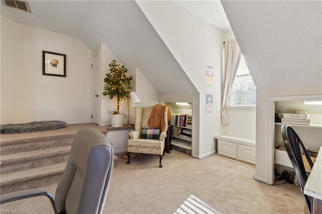 carpeted bedroom with vaulted ceiling