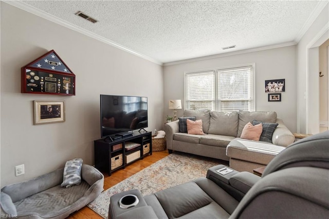 living room with crown molding, light hardwood / wood-style flooring, and a textured ceiling