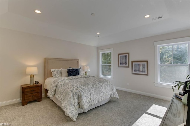 carpeted bedroom featuring a tray ceiling and multiple windows