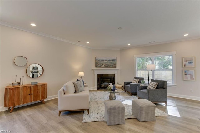 living room featuring light hardwood / wood-style floors and ornamental molding