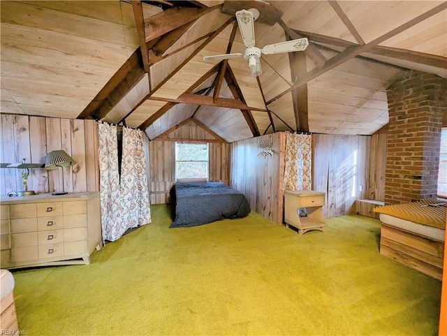 unfurnished bedroom with vaulted ceiling with beams, light carpet, and wood walls