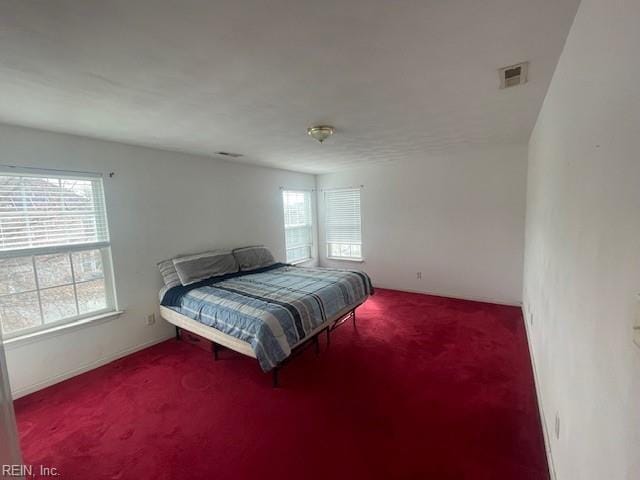 carpeted bedroom featuring multiple windows