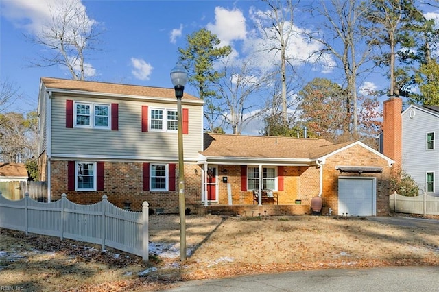 view of front of home featuring a porch, a garage, brick siding, fence, and driveway