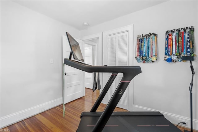 workout area featuring hardwood / wood-style floors