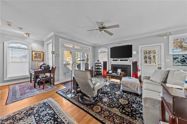 living room with hardwood / wood-style floors, ceiling fan, and crown molding