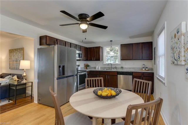 kitchen featuring dark brown cabinets, light wood-type flooring, stainless steel appliances, and sink