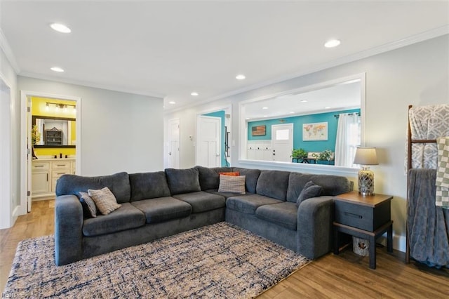 living room with light hardwood / wood-style flooring and crown molding