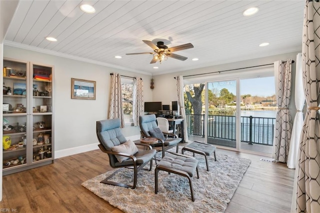 sitting room featuring hardwood / wood-style flooring, ceiling fan, crown molding, and wood ceiling