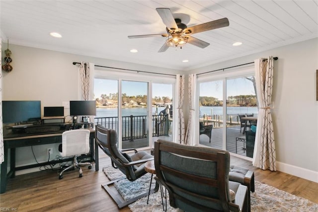 home office with hardwood / wood-style flooring, ceiling fan, wooden ceiling, and ornamental molding