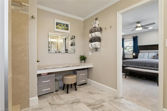 bathroom with ceiling fan, crown molding, and vanity