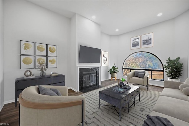 living room with dark hardwood / wood-style floors, a towering ceiling, and a high end fireplace