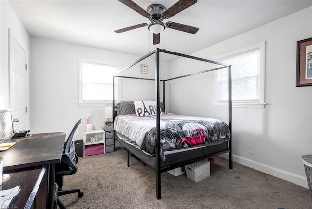 bedroom featuring ceiling fan and carpet floors