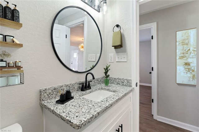 bathroom with hardwood / wood-style floors and vanity