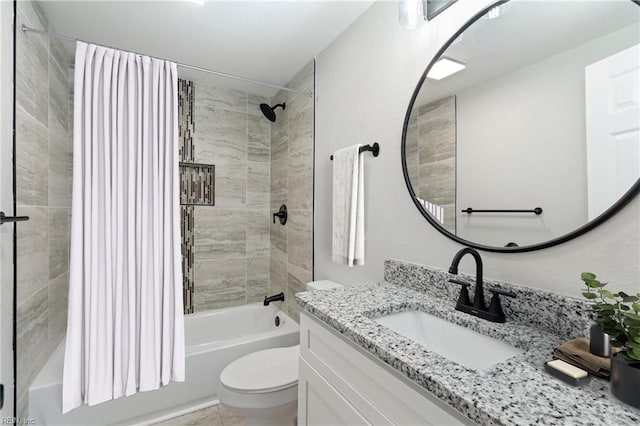 full bathroom with shower / bath combo with shower curtain, vanity, and toilet