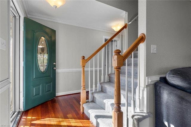 foyer with dark hardwood / wood-style flooring, crown molding, and a wealth of natural light