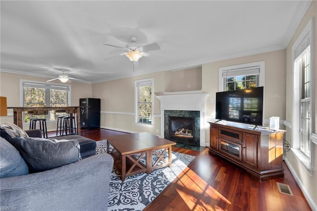 living room with crown molding, plenty of natural light, dark wood-type flooring, and a premium fireplace