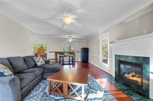 living room with dark hardwood / wood-style floors, ceiling fan, a premium fireplace, and ornamental molding