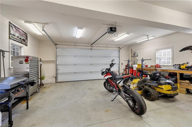 garage featuring a workshop area and a garage door opener