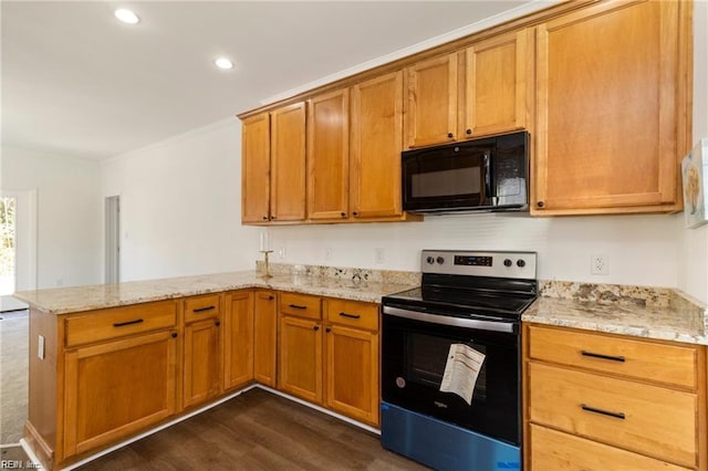 kitchen with crown molding, dark hardwood / wood-style floors, stainless steel electric range oven, light stone counters, and kitchen peninsula