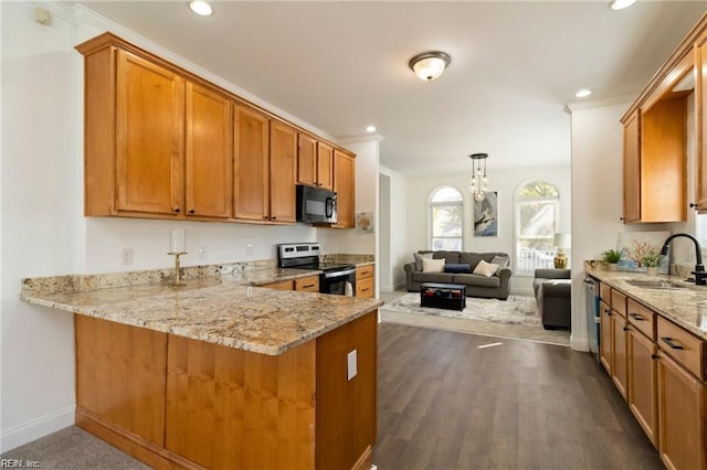 kitchen featuring light stone countertops, sink, stainless steel appliances, dark hardwood / wood-style floors, and kitchen peninsula