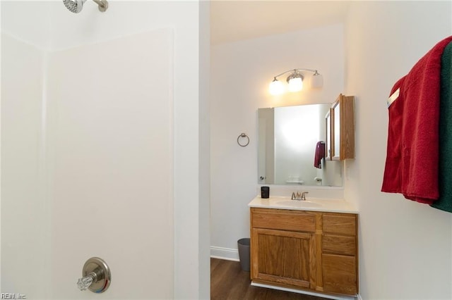 bathroom featuring wood-type flooring and vanity