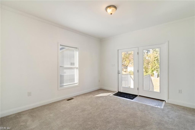 carpeted empty room with crown molding