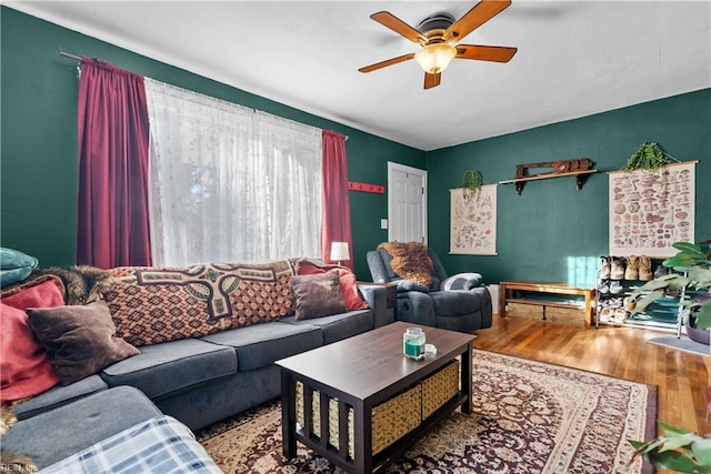 living room featuring ceiling fan and wood-type flooring