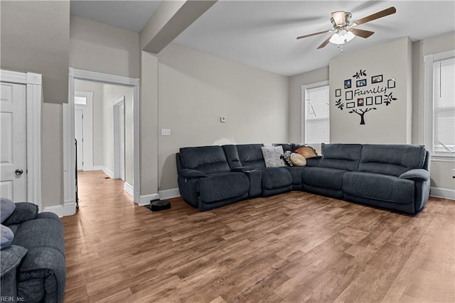 living room featuring ceiling fan and wood-type flooring