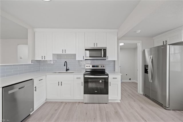 kitchen with backsplash, white cabinets, sink, light wood-type flooring, and stainless steel appliances