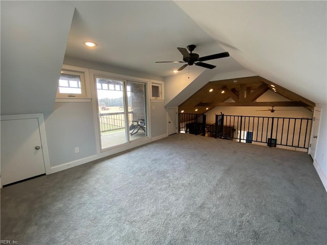 bonus room featuring vaulted ceiling, ceiling fan, and carpet